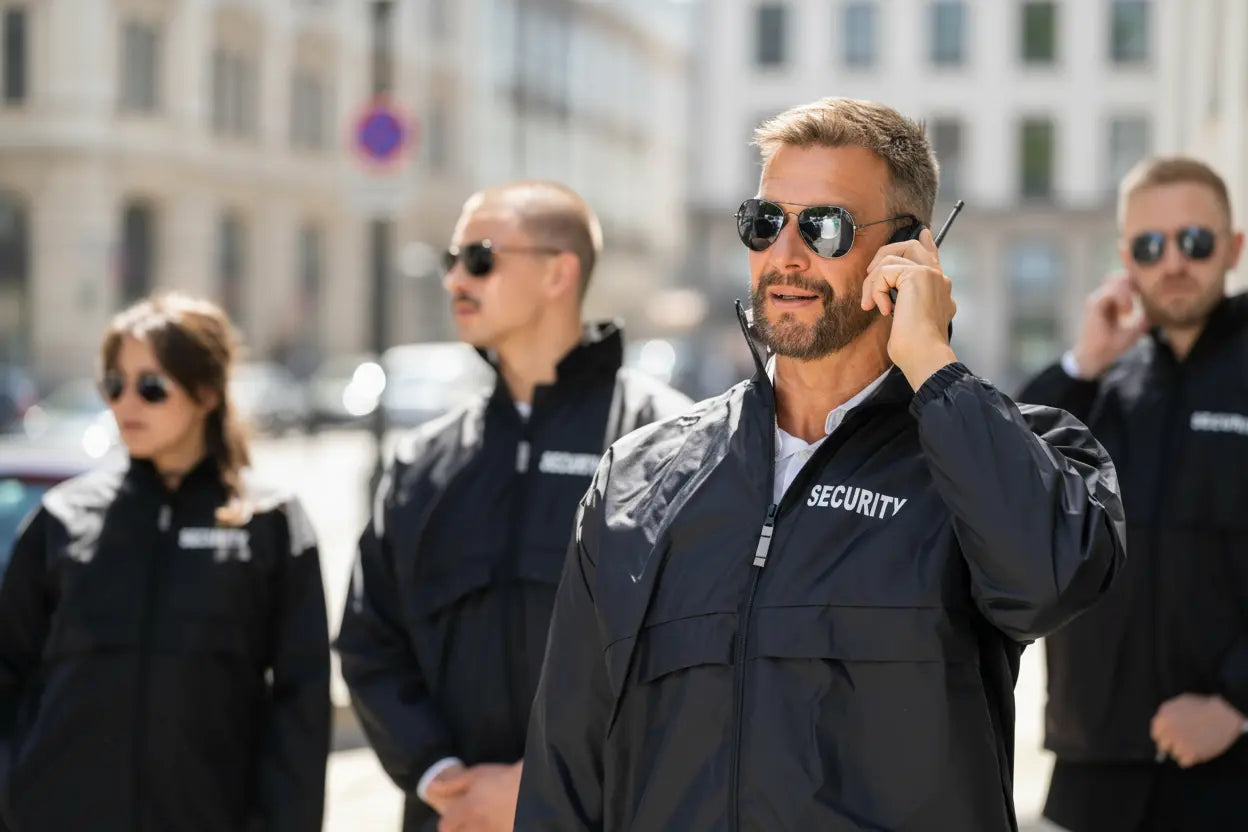 Professional security team coordinating via earpieces during an active protection detail in an urban environment.