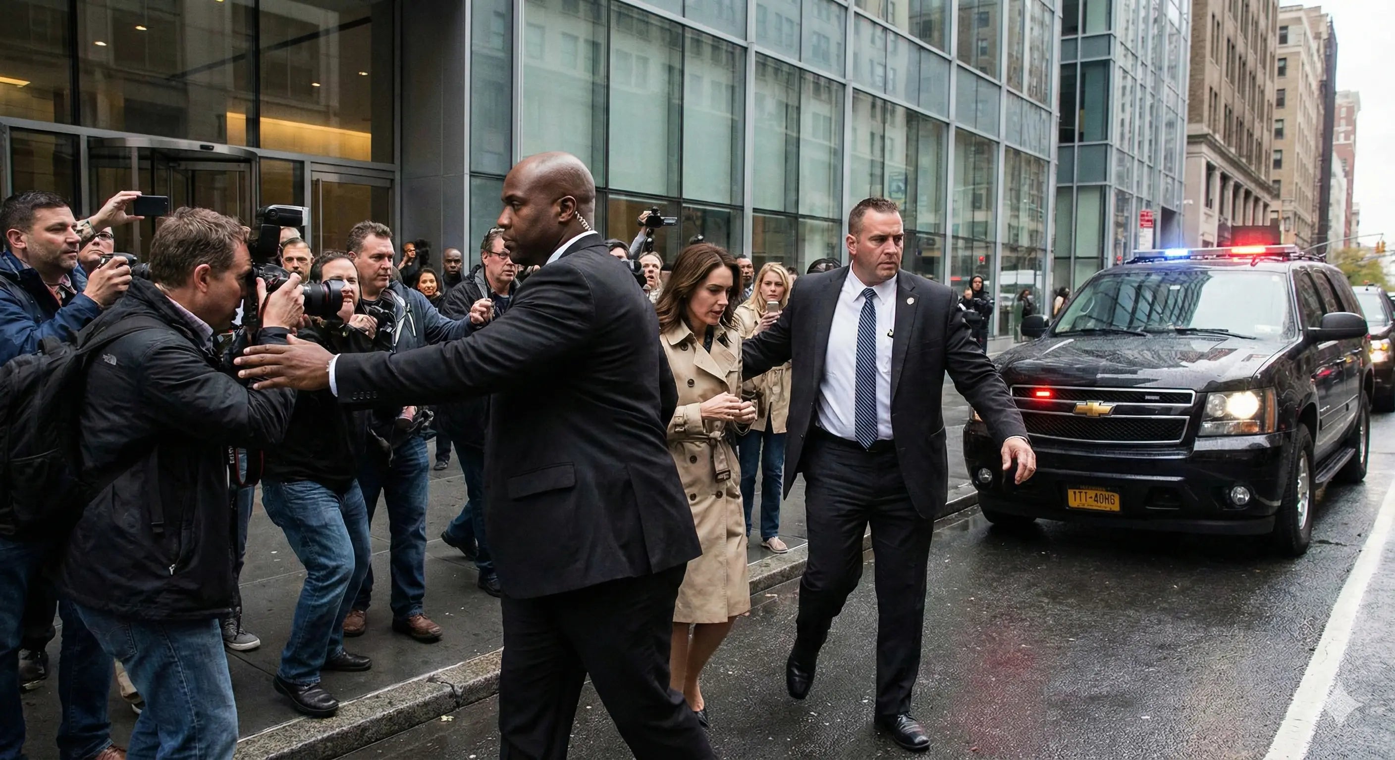 Executive protection agents escorting a woman through a city street while managing media and crowd control near a vehicle with emergency lights.